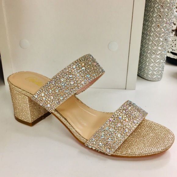 Gold Party Rhinestone Mule Slide low 2.5” Heel - Picture 5 of 8